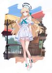  1girl bare_shoulders blonde_hair blue_archive blue_eyes blush dress full_body hair_ribbon halo hidis0086 highres long_hair looking_at_viewer neckerchief off-shoulder_dress off_shoulder outdoors ribbon sailor_collar solo toki_(blue_archive) v white_dress white_footwear 