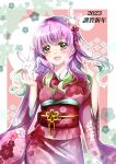  1girl 2023 animal commentary_request cowboy_shot floral_print_kimono green_eyes green_hair hair_ornament highres holding holding_animal japanese_clothes kimono multicolored_hair nana22_mm obi open_mouth original pink_hair rabbit sash smile snowflake_background 