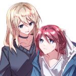  2girls black_choker black_shirt blonde_hair blue_eyes blue_jacket choker girls_band_cry hibioes highres iseri_nina jacket kawaragi_momoka long_hair looking_at_another multicolored_hair multiple_girls open_clothes open_jacket parted_lips red_hair roots_(hair) shirt short_twintails simple_background sweatdrop twintails upper_body white_background white_shirt 