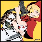  1girl artist_name basket blonde_hair blue_eyes bulleta english_commentary explosive glint grenade gun highres holding holding_basket holding_gun holding_knife holding_weapon hood hood_up its_just_suppi knife open_mouth red_hood short_hair signature simple_background solo submachine_gun teeth upper_body vampire_(game) weapon yellow_background 