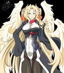  1girl artist_request blonde_hair bodysuit eyes_closed female highres kyoukaisenjou_no_horizon long_hair margot_knight simple_background smile solo wing wings 