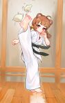  1girl absurdres ahoge animal_ears barefoot bear_ears bear_girl belt black_belt bright_pupils brown_hair chinese_commentary commentary_request dougi feet full_body high_kick highres indoors kicking kuma-bound low_twintails martial_arts_belt original pants red_eyes short_twintails soles solo toes twintails white_pants white_pupils 