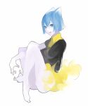  1girl animal_ears bad_id bad_pixiv_id black_shirt blue_eyes blue_hair character_request copyright_request full_body looking_at_viewer sentakki shirt simple_background sitting smoke solo white_background 