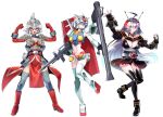  3girls bazooka_(gundam) beam_rifle beam_saber breasts commentary earrings energy_gun glasses gloves gundam hashtag-only_commentary helmet highres jewelry kamen_rider kamen_rider_black kamen_rider_black_(series) large_breasts looking_at_viewer mecha_musume mobile_suit_gundam multiple_girls revealing_clothes rx-78-2 science_fiction shield short_hair skirt smile ultra_series ultraseven ultraseven_(series) v-fin weapon white_hair yamany 