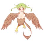  breasts claws feathered_wings feathers green_hair harpy highres kai_himo long_hair monster_girl navel nude original pointy_ears red_eyes small_breasts smile solo tail twintails wings 