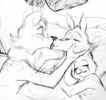  after_sex anthro bed blush blush_lines canid canine canis caressing caressing_cheek caressing_face cheek_tuft cuddling death_(puss_in_boots) domestic_cat dreamworks eye_contact eyes_closed facial_tuft felid feline felis fluffy french_kissing furniture fuzzy group half-closed_eyes happy head_tuft kissing larger_male looking_at_another looking_at_partner lying male male/male mammal monochrome narrowed_eyes neck_tuft on_back on_bed puss_in_boots_(character) puss_in_boots_(dreamworks) ranranparadoxx running_makeup simple_background size_difference sketch smaller_male smile teemo_the_yiffer tongue tongue_out traditional_media_(artwork) trio tuft white_background wolf 