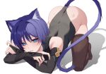  1boy absurdres animal_ears ass black_gloves black_shirt black_sleeves blue_eyes blush brown_thighhighs cat_boy cat_ears cat_tail chobonu genshin_impact gloves hair_between_eyes highres looking_at_viewer male_focus purple_hair purple_tail scaramouche_(genshin_impact) shirt short_hair smile solo tail thighhighs white_background 