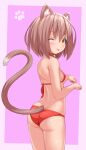  1girl ;p animal_ear_fluff animal_ears ass bikini breasts brown_hair cat_ears cat_girl cat_tail highres looking_at_viewer one_eye_closed original paw_pose red_bikini short_hair small_breasts swimsuit tail tongue tongue_out yellow_eyes zoquqot 