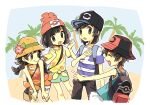  2boys 2girls baseball_cap black_bag black_eyes black_hair black_hat black_pants boater_hat cropped_legs dual_persona elio_(pokemon) eyelashes flower green_shirt hands_on_own_knees hat hat_flower multiple_boys multiple_girls open_mouth orange_shirt palm_tree pants pointing pointing_at_another pokemon pokemon_sm pokemon_usum red_hat selene_(pokemon) shirt short_hair shorts straw_hat striped_clothes striped_shirt tree yellow_shirt yellow_shorts yoyterra 