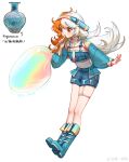  1girl absurdres artist_name blowing_bubbles blue_footwear blue_shorts boots bubble_pipe chinese_commentary copyright_notice crop_top english_text full_body hairband hand_up highres knee_boots long_hair long_sleeves looking_at_object looking_down multicolored_hair orange_eyes orange_hair original personification photo_inset pink_hairband puffy_long_sleeves puffy_sleeves reference_inset shorts shrug_(clothing) simple_background solo thigh_strap two-tone_hair vase weibo_watermark white_background white_hair zhu_yiguo_tian 