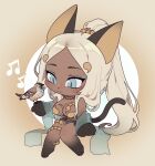  1girl animal_ears bad_source barefoot beamed_sixteenth_notes bird blonde_hair blue_eyes blush breasts cat_ears cat_tail chibi eighth_note high_ponytail jewelry large_breasts long_hair makeup musical_note oasis_(seeslugs) original ponytail seeslugs sparrow tail 