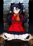  bdsm black_hair blue_eyes blush bondage bound fate/stay_night fate_(series) highres long_hair mudou_eichi panties rope solo_focus spread_legs thighhighs toosaka_rin two_side_up underwear 