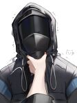  1girl 1other absurdres anger_vein arknights black_jacket commentary_request doctor_(arknights) facing_viewer highres hood hood_up hooded_jacket jacket long_sleeves meme out_of_frame pov_cheek_grabbing_(meme) simple_background tab_head trembling upper_body white_background 