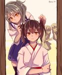  :/ akagi_(kantai_collection) alternate_hairstyle blush brown_eyes brown_hair closed_eyes hairband japanese_clothes kaga_(kantai_collection) kantai_collection kneeling kouga_(mutsumi) long_hair looking_at_another multiple_girls number orange_eyes partially_colored playing_with_another's_hair pleated_skirt ribbon shoukaku_(kantai_collection) side_ponytail skirt sweatdrop twintails twitter_username very_long_hair zuikaku_(kantai_collection) 