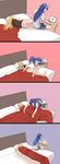  4koma ahoge bed blanket blonde_hair blue_hair blush comic computer headphones heart highres hoshii_miki idolmaster idolmaster_(classic) implied_yuri kisaragi_chihaya laptop long_hair multiple_girls pillow rod_(rod4817) silent_comic 