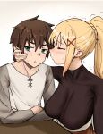  1boy 1girl absurdres black_bodysuit blonde_hair blush bodysuit breasts brown_hair cinndvl closed_eyes closed_mouth darkness_(konosuba) elbow_rest green_eyes grey_shirt hair_ornament head_hug hetero highres imminent_kiss kono_subarashii_sekai_ni_shukufuku_wo! large_breasts long_hair ponytail pout profile satou_kazuma shirt short_hair table trembling upper_body x_hair_ornament 