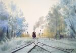  day forest lamppost locomotive nara_watercolor nature no_humans original plant railroad_tracks road_sign sign smoke smoke_trail snow steam_locomotive train tree 