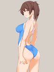  alternate_costume ass back_cutout bad_id bad_twitter_id beige_background blue_swimsuit breasts brown_hair competition_swimsuit covered_nipples from_behind from_side highleg highleg_swimsuit highres kaga_(kantai_collection) kanna_kanaki kantai_collection large_breasts looking_at_viewer looking_back one-piece_swimsuit parted_lips side_ponytail simple_background skindentation solo swimsuit wet wet_hair yellow_eyes 