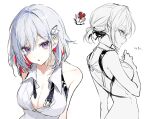  1girl :o alternate_hairstyle breasts cleavage collared_shirt colored_inner_hair commentary hair_between_eyes hair_intakes highres honkai:_star_rail honkai_(series) korean_text large_breasts looking_at_viewer multicolored_hair multiple_views nong_345 numby_(honkai:_star_rail) parted_lips purple_eyes red_hair shirt short_hair short_ponytail simple_background sketch sleeveless sleeveless_shirt topaz_(honkai:_star_rail) trotter_(honkai:_star_rail) two-tone_hair upper_body white_background white_hair white_shirt wing_collar 