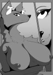  anthro big_breasts breasts canid canine clothing eyelashes female fox fur greyscale grin hi_res looking_at_viewer mammal manga_style monochrome nipples simple_background smile solo true_fox vicariousvixens 