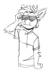  anthro antlers black_and_white clothing darwin_(tinydeerguy) deer eyebrows eyewear hand_on_object hand_on_sunglasses horn male mammal monochrome shirt simple_background solo sunglasses tinydeerguy topwear white_background 