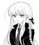  1girl annoyed braid collared_shirt d: danganronpa:_trigger_happy_havoc danganronpa_(series) greyscale hair_ribbon highres jacket kirigiri_kyoko monochrome necktie open_clothes open_jacket open_mouth ribbon shirt side_braid single_braid solo upper_body wassho_i 