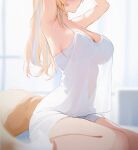  1girl animal_ear_fluff animal_ears blonde_hair blue_hair breasts cleavage dog_ears dog_girl dog_tail fuwawa_abyssgard hair_ornament highres hololive hololive_english koahri large_breasts long_hair multicolored_hair see-through streaked_hair tail virtual_youtuber 