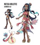  1girl alternate_costume bare_arms bare_legs bikini black_hair blue_eyes blue_eyeshadow blue_hair bracelet breasts dark-skinned_female dark_skin diamond_(shape) diamond_earrings earrings eyeshadow hair_bun hair_ornament hand_fan highres jewelry long_hair long_skirt makeup multicolored_hair nessa_(pokemon) pink_bikini pink_skirt pokemon pokemon_swsh rhymewithray single_hair_bun skirt swimsuit thigh_strap two-tone_hair 