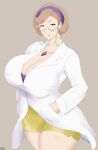  1girl absurdres aged_down breasts brown_hair cleavage erov_saaaka eyewear_strap gem glasses green_eyes hands_in_pockets headband highres jewelry lab_coat large_breasts magnolia_(pokemon) mature_female necklace pokemon pokemon_swsh short_hair shorts simple_background solo 