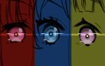  3girls blue_eyes blue_theme close-up dollchestra eye_focus glint green_theme kachimachi_kosuzu link!_like!_love_live! looking_at_viewer love_live! multiple_girls multiple_monochrome murano_sayaka pink_eyes red_eyes red_theme split_theme spot_color virtual_youtuber yugiri_tsuzuri yukiri_takashi 