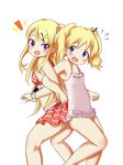  2girls :d alice_cartelet bikini blonde_hair blue_eyes blush casual_one-piece_swimsuit child flat_chest frilled_swimsuit frills hair_bun hair_ornament hairclip kin-iro_mosaic kujou_karen locked_arms long_hair looking_at_viewer md5_mismatch multiple_girls one-piece_swimsuit open_mouth pnkts purple_eyes resized short_hair simple_background smile swimsuit twintails white_background wristband 