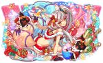  1girl 2others :p animal_ears artist_request bell bikini bottle candy candy_cane christmas colorful crash_fever ear_ribbon food fox fox_ears fox_tail full_body gift gloves grey_hair hat kitsune looking_at_viewer multicolored_background multiple_others official_art outline red_outline ribbon santa_bikini santa_costume santa_gloves santa_hat senko_(crash_fever) simple_background swimsuit tail third-party_source tongue tongue_out transparent_background twintails two-tone_fur yellow_eyes 