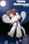  1girl :3 :d =_= absurdres barefoot belt black_belt bright_pupils brown_hair chinese_commentary commentary_request dougi fang feet full_body full_moon ghost green_eyes halloween highres kuma-bound looking_at_viewer martial_arts_belt moon night night_sky open_mouth original sheet_ghost short_twintails sky smile soles star_(sky) tombstone twintails white_pupils 