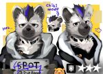  2024 anthro arknights black_hair blue_hair clothed clothing collar ear_piercing english_text eyebrow_piercing facial_piercing fur grey_body grey_fur hair hi_res hyena hypergryph looking_at_viewer male mammal multicolored_body multicolored_fur multicolored_hair piercing pizbhao solo spot_(arknights) spotted_hyena studio_montagne text two_tone_body two_tone_fur two_tone_hair 