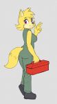  anthro canid canine canis clothing colored_sketch ellie_the_wolf female fours_(artist) fur gesture hand_gesture hi_res jumpsuit looking_back mammal purple_eyes ripped_sleeves sketch solo toolbox v_sign wolf yellow_body yellow_fur 