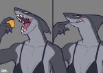 2024 absurd_res anthro biped breasts digital_media_(artwork) eating eating_food female female_anthro fin fish food grey_body head_fin hi_res holding_food holding_object kemokin_mania marine multicolored_body shark sharp_teeth smile solo teeth thour_(meme) two_tone_body