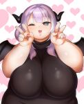  1girl :3 agano_mai black_wings blush breasts cleavage commentary_request curled_horns dot_nose double_v fat heart heart_background highres horns huge_breasts indie_virtual_youtuber lips long_hair looking_at_viewer mini_wings multicolored_hair one_eye_closed open_mouth purple_hair red_nails sleeveless sleeveless_sweater solo straight-on sweater thick_arms turtleneck turtleneck_sweater two-tone_hair upper_body v virtual_youtuber wings zuisawa 
