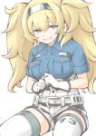  1girl akara_kai blonde_hair blue_eyes blue_panties blue_shirt blush breast_pocket breasts collared_shirt commentary english_commentary gambier_bay_(kancolle) gloves hair_between_eyes hairband highres kantai_collection large_breasts long_hair looking_at_viewer multicolored_clothes multicolored_gloves multicolored_hairband open_mouth panties pocket shirt short_sleeves sitting smile solo sweatdrop thighhighs twintails underwear white_background 