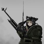  adapted_uniform animal_ears animal_hat bad_id bad_pixiv_id bangs blonde_hair blunt_bangs blush bow braid cable coh commentary dshk gloves goggles goggles_on_head ground_vehicle gun hair_bow hat hatch helmet jacket leather leather_jacket machine_gun mars_expedition military military_uniform military_vehicle motor_vehicle radio_antenna red_bow salute simple_background soldier solo soviet tank tank_helmet uniform upper_body weapon yellow_eyes 