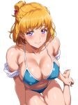  1girl asahina_mirai barefoot bikini blonde_hair blue_bikini breasts collarbone commentary_request covered_nipples folded_hair from_above highres large_breasts looking_at_viewer mahou_girls_precure! precure purple_eyes short_hair simple_background solo sozan swimsuit white_background 