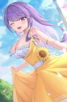  1girl absurdres arm_strap braid breasts choker cleavage cloud dress earrings english_commentary falling_petals flower highres indie_virtual_youtuber inkeror jewelry large_breasts long_hair one_eye_closed open_mouth otsuka_ray petals purple_eyes purple_hair skirt_hold sky solo sunflower teeth upper_teeth_only virtual_youtuber yellow_choker yellow_dress 