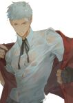  1boy bandaid bandaid_on_face bandaid_on_forehead black_gloves black_ribbon collared_shirt commentary_request fingerless_gloves gloves grey_eyes grey_hair highres lee999nine male_focus neck_ribbon parted_lips persona persona_3 red_sweater_vest ribbon sanada_akihiko see-through see-through_shirt shirt short_hair solo sweat sweatdrop sweater_vest twitter_username undressing upper_body water_drop wet wet_clothes wet_shirt white_background white_shirt 