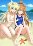  2girls absurdres beach bikini blonde_hair blue_bikini blue_eyes blue_one-piece_swimsuit blue_sky bow breasts brown_hair chestnut95 cloud day hair_bow highres horizon katia_waldheim liz_hohenstein long_hair looking_at_viewer medium_breasts multiple_girls muv-luv muv-luv_alternative ocean one-piece_swimsuit outdoors outstretched_arms ponytail school_swimsuit schwarzesmarken sky small_breasts starfish striped_bikini striped_clothes swimsuit two_side_up very_long_hair yellow_eyes 
