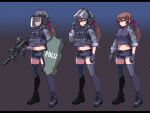  1girl ballistic_shield belt blue_eyes boots bow bowtie brown_hair bulletproof_vest chest_rig e79 gloves gun h&amp;k_mp7 headset helmet long_hair magazine_(weapon) midriff original pink_bow pink_bowtie shield short_shorts shorts sleeves_rolled_up smile solo submachine_gun suppressor termichan_(not-a-bot) thighhighs trigger_discipline walkie-talkie weapon 