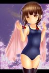  braid brown_eyes brown_hair highres rika_(touhou) school_swimsuit short_hair shounen_(hogehoge) swimsuit thighhighs touhou touhou_(pc-98) towel twin_braids 