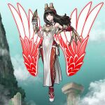  1girl bare_shoulders bird_girl claw_(weapon) claws coat commission feather-trimmed_coat fire_emblem fire_emblem_heroes flying gloves glowing glowing_wings grimaisbestwaifu highres hraesvelgr_(fire_emblem) leggings red_aura red_gloves red_leggings red_wings second-party_source solo weapon wings 