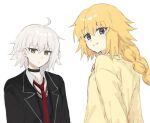  2girls ahoge black_choker black_jacket blonde_hair blue_eyes blush braid braided_ponytail cardigan choker closed_mouth collared_shirt commentary_request fate/grand_order fate_(series) grey_hair jacket jeanne_d&#039;arc_(fate) jeanne_d&#039;arc_alter_(fate) korean_commentary kumtlekumtle long_hair long_sleeves looking_at_viewer multiple_girls necktie official_alternate_costume open_clothes open_jacket red_necktie school_uniform shirt short_hair simple_background smile white_background white_shirt yellow_cardigan yellow_eyes 