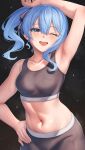  1girl absurdres aoi_zerii armpits bare_shoulders black_sports_bra blue_eyes blue_hair blue_ribbon blush breasts collarbone hair_between_eyes hair_ribbon highres hololive hoshimachi_suisei long_hair looking_at_viewer medium_breasts navel one_eye_closed open_mouth presenting_armpit ribbon side_ponytail smile solo sports_bra star_(symbol) star_in_eye sweat symbol_in_eye virtual_youtuber 