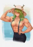  1girl abs biceps blue_background blush border breasts flower frown green_eyes green_hair hair_flower hair_ornament hand_on_own_hip hat highres iskaydi large_breasts muscular muscular_female solo suspenders toned twig white_border 