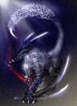  absurdres claws deadpool_yuchan dragon full_body glowing glowing_eyes gradient_background highres looking_at_viewer lucent_nargacuga monster monster_focus monster_hunter_(series) moonlight nargacuga no_humans open_mouth red_eyes sharp_teeth signature solo spiked_tail tail teeth white_fur wings wyvern 